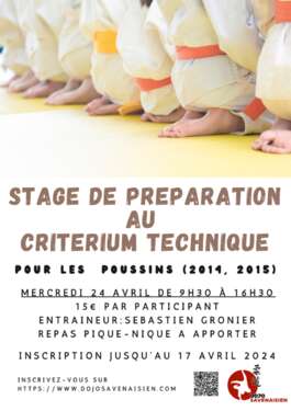 Stage de printemps préparation  criterium technique  et passage de grade pour les mini-poussins ne(es) en 2016 et 2017 et poussins ne(es) en 2014 et 2015.